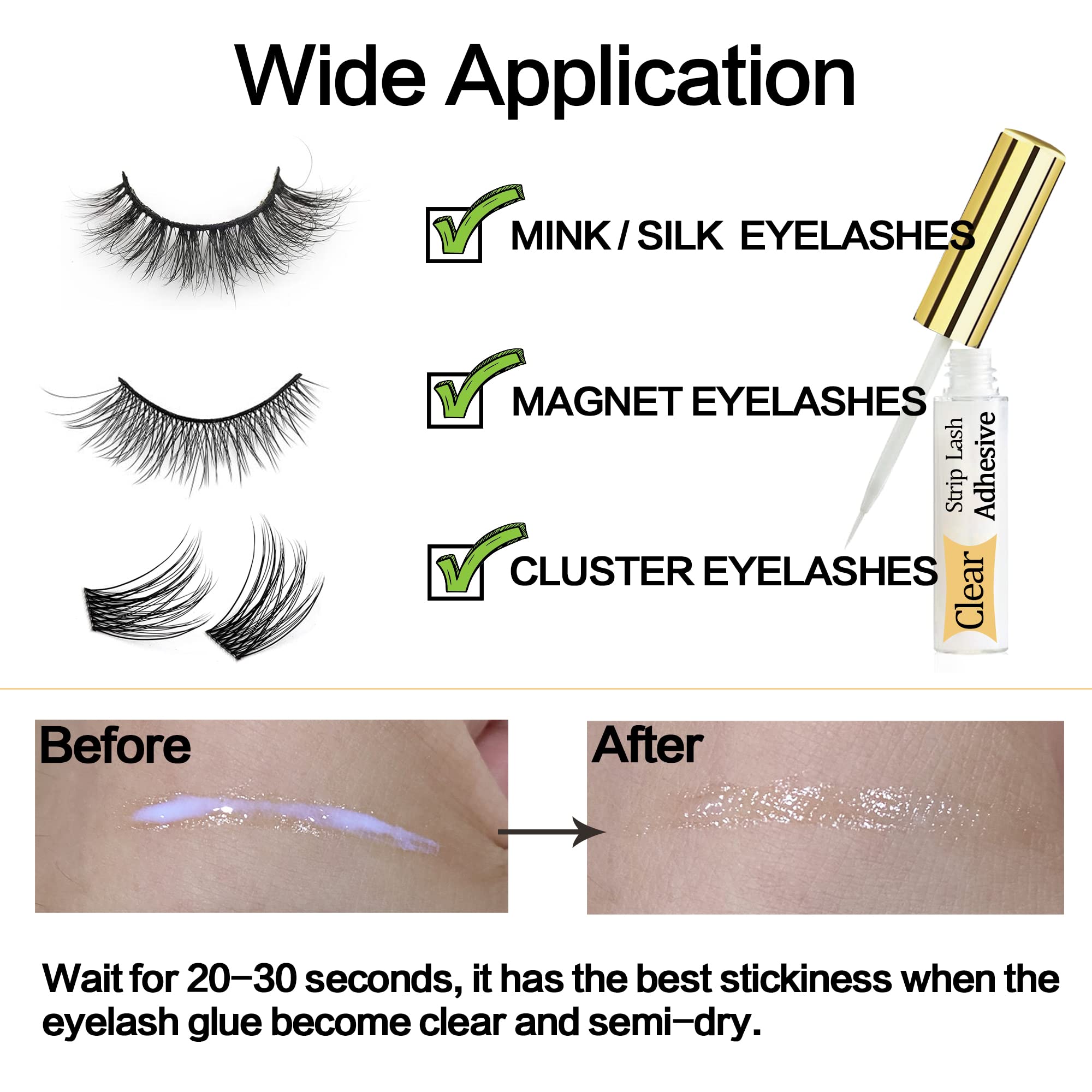 Clear Eyelash Glue for False Lashes,Waterproof Eye Lash Glue Suitable for Sensitive Eyes,Latex-Free,Super Strong Hold Lash Adhesive 0.176oz(Clear)