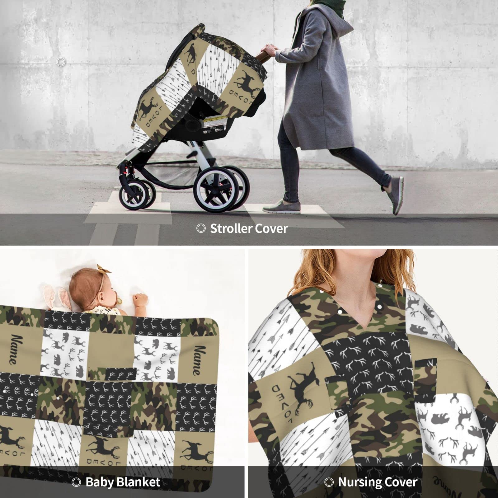 Personalized Woodland Deer Baby Car Seat Canopy for Babies with Name, Custom Camouflage Car Seat Covers for Boys Girls, Peekaboo Opening Minky Nursing Cover Infant Car Seat Canopies for Newborn