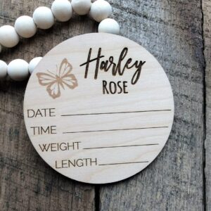 Personalized Wood Baby Name Announcement Sign, Newborn Birth Stats Photo Prop Sign, Butterfly Nursery Name Plaque (8 inches)