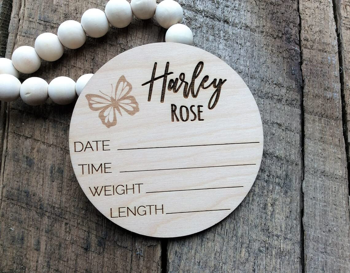 Personalized Wood Baby Name Announcement Sign, Newborn Birth Stats Photo Prop Sign, Butterfly Nursery Name Plaque (8 inches)