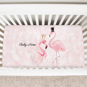 personalized crib fitted sheets with name for baby - pink flamingo bird - customized mattress sheet for standard crib size - breathable nursery bedding sheets for toddler girl 52''x28''