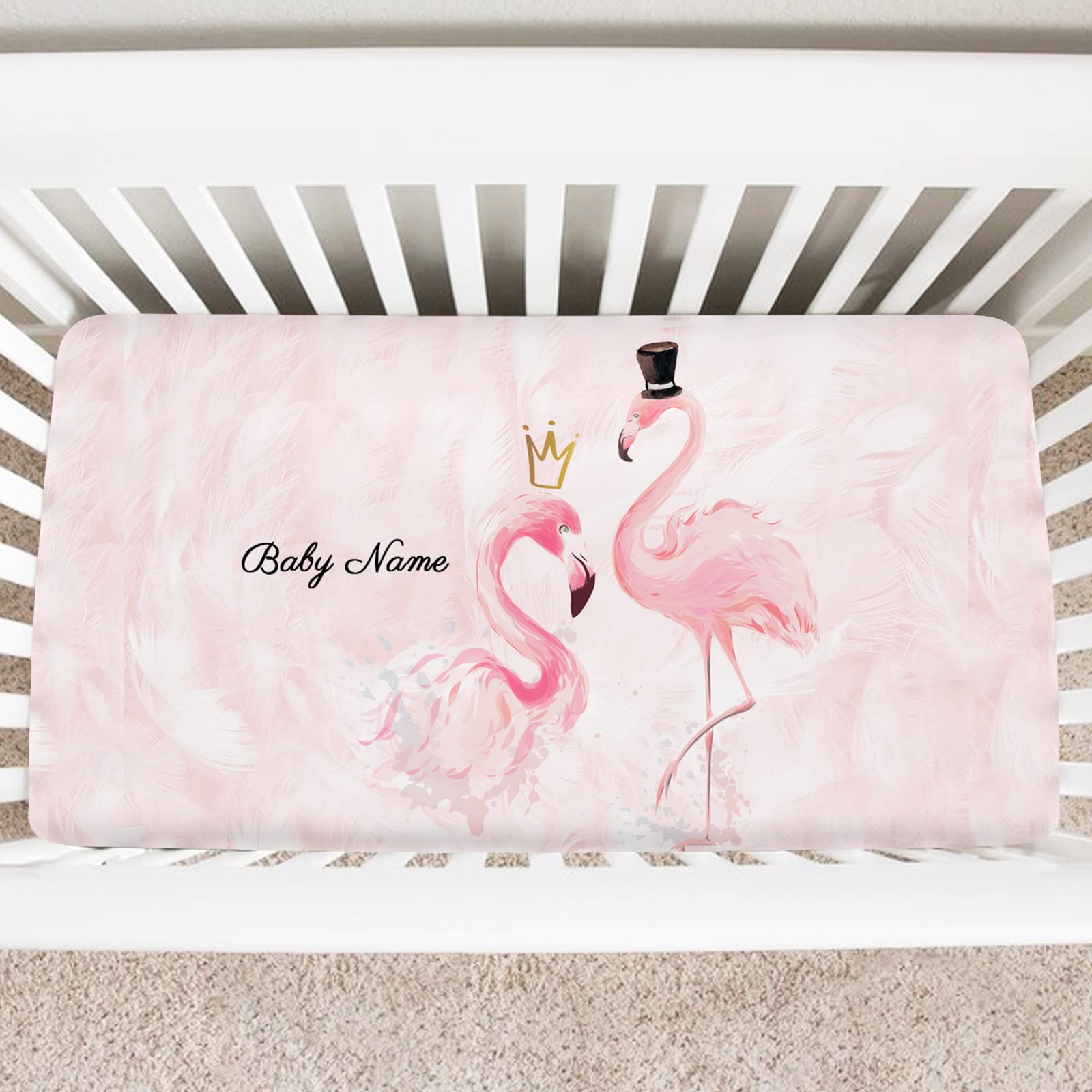 Personalized Crib Fitted Sheets with Name for Baby - Pink Flamingo Bird - Customized Mattress Sheet for Standard Crib Size - Breathable Nursery Bedding Sheets for Toddler Girl 52''x28''