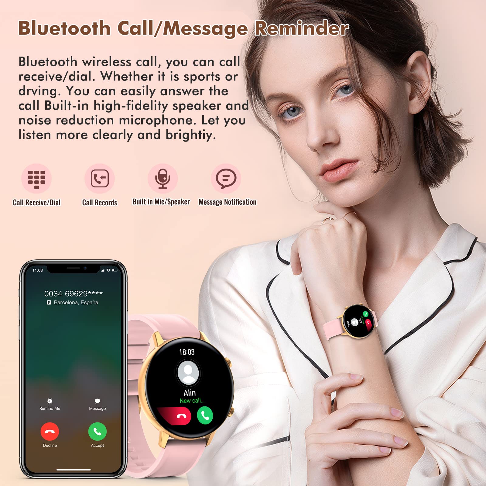 Smart Watch for Women(Call Receive/Dial),Fitness Trackers Waterproof Smart Watches for Android Phones Smartwatch with Blood Pressure Heart Rate Sleep Monitor Sport Running Pedometer Touch Screen