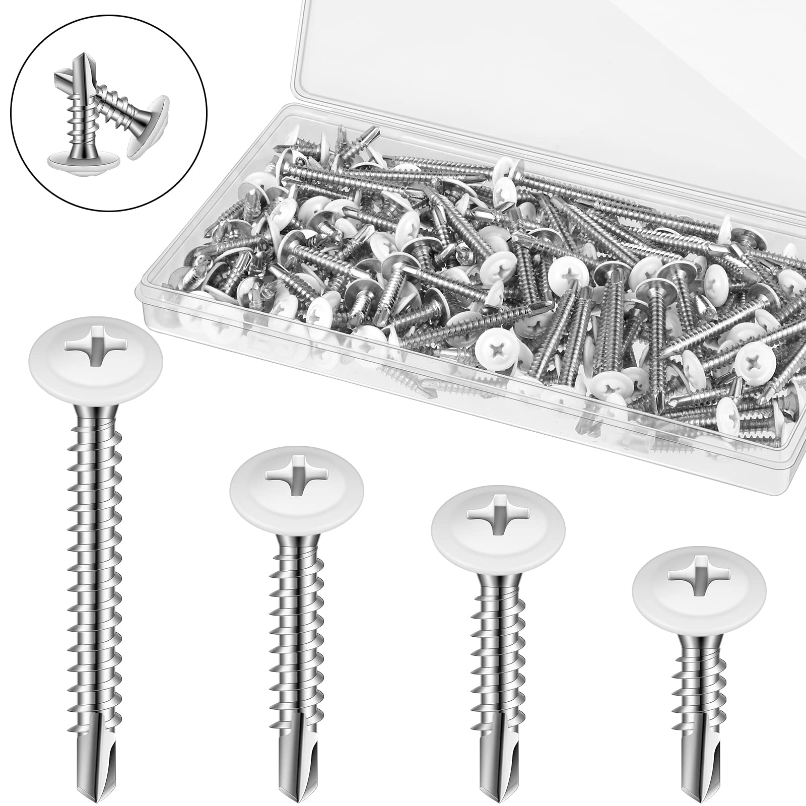 Peryiter White Screws Self Tapping Screws for Metal White Thread Truss Head Screws 8 Fast Self Drilling Screw Sheet Metal Screws for Wire Lath to Metal Studs, Wood Work Screw, 4 Sizes (160 Pcs)