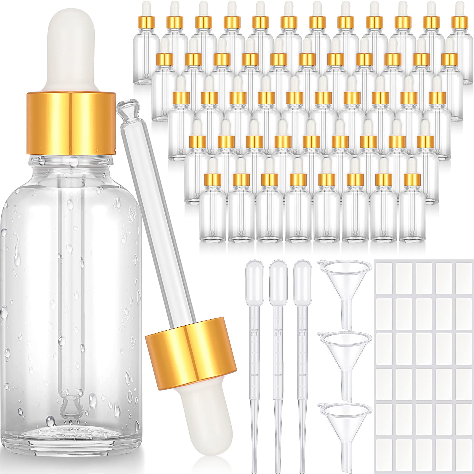 Nuogo 50 Pcs Glass Dropper Bottles 1oz Essential Oil Dropper Bottles Clear Eye Dropper Bottles Bulk Empty Tincture Bottles with 5 Droppers, 3 Funnels, 30 Label for Essential Oil Perfume(Clear)