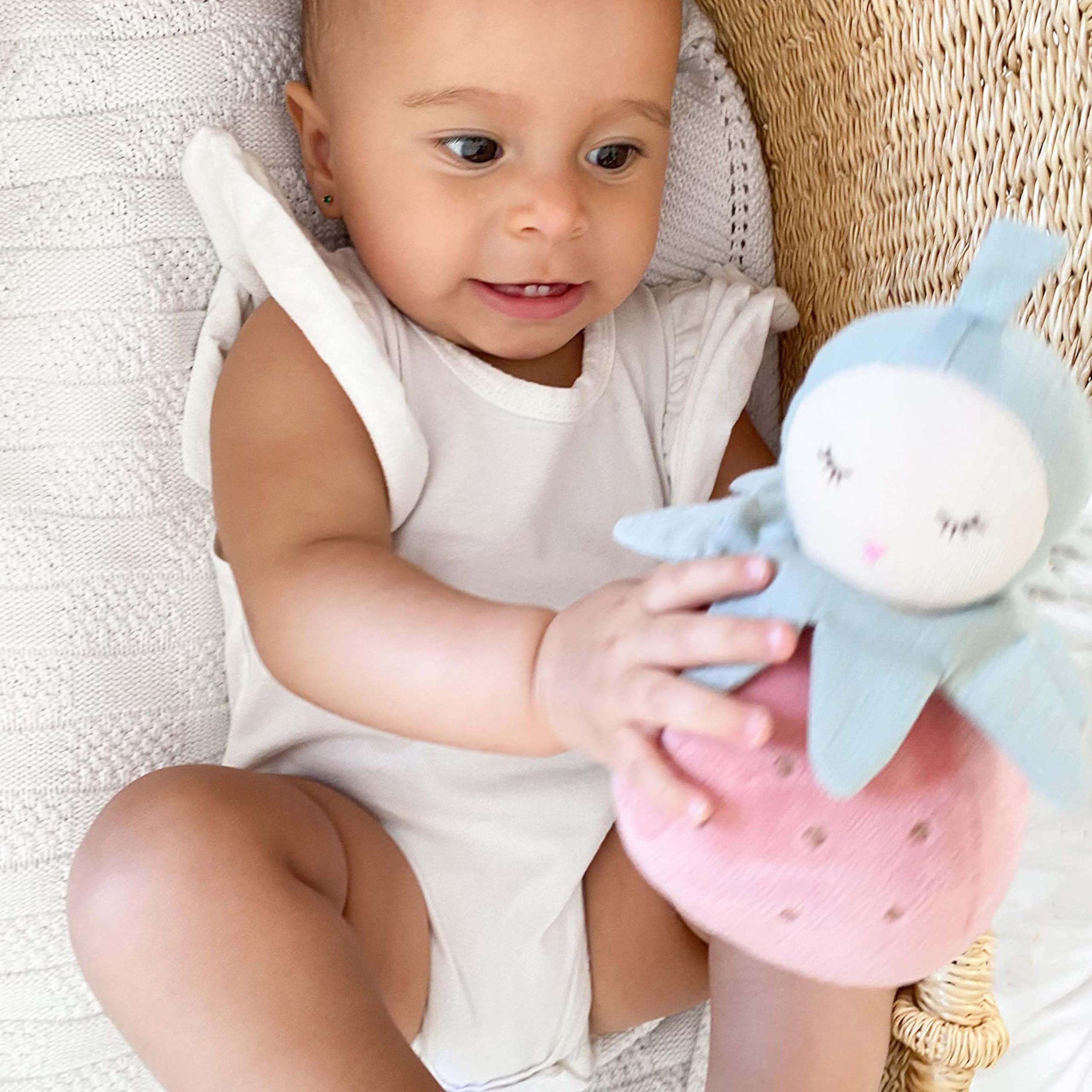 MON AMI Pinky Berry Soft Baby Rattle Toy for Ages 6 Months+, 7” Plush Stuffed Animal Rattle Toys for Infants & Toddlers - Baby Rattle with Sound