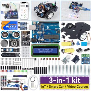 sunfounder ultimate starter kit compatible with arduino uno ide scratch, 3 in 1 iot/smart car/basic kit with online tutorials, video courses, 192 items, 87 projects, suitable for age 8+ beginners