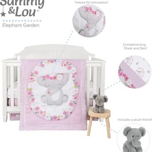 Sammy & Lou Elephant Garden 4-Piece Baby Nursery Crib Bedding Set for Girls, Includes Quilt, Fitted Crib Sheet, Crib Skirt, and Plush Toy