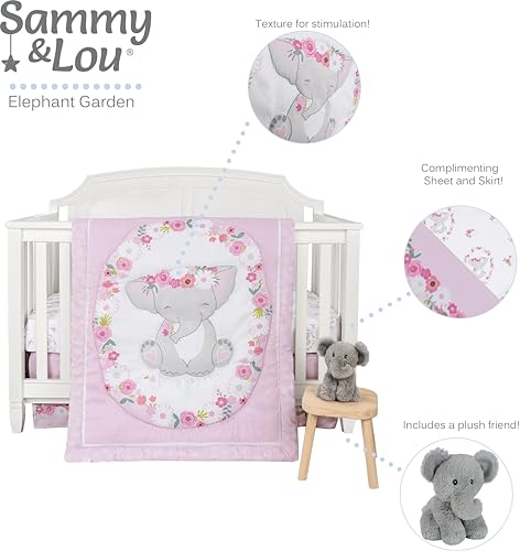 Sammy & Lou Elephant Garden 4-Piece Baby Nursery Crib Bedding Set for Girls, Includes Quilt, Fitted Crib Sheet, Crib Skirt, and Plush Toy