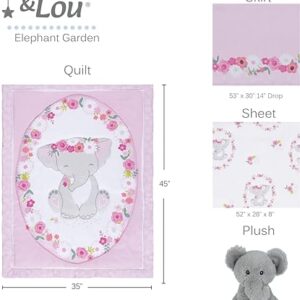 Sammy & Lou Elephant Garden 4-Piece Baby Nursery Crib Bedding Set for Girls, Includes Quilt, Fitted Crib Sheet, Crib Skirt, and Plush Toy