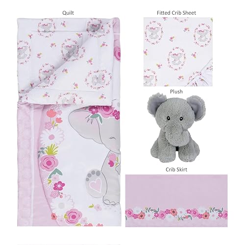 Sammy & Lou Elephant Garden 4-Piece Baby Nursery Crib Bedding Set for Girls, Includes Quilt, Fitted Crib Sheet, Crib Skirt, and Plush Toy