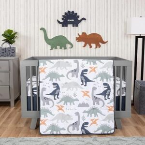 trend lab prehistoric dinos 3 piece crib bedding set, can be used as a blanket or a playmat for tummy time, includes quilt, fitted crib sheet and skirt