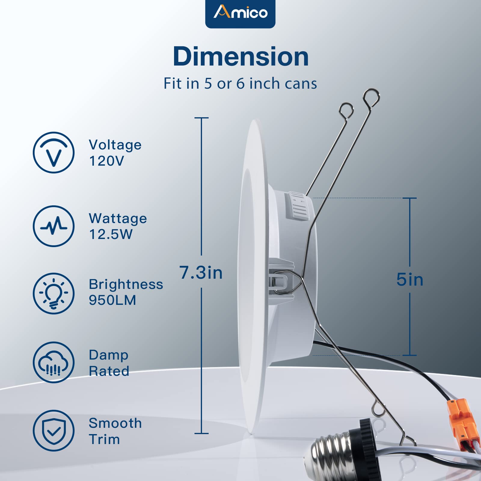 Amico 5/6 inch 5CCT LED Recessed Lighting 16 Pack, Smooth Trim, Dimmable, IC & Damp Rated, 12.5W=100W, 950LM Can Lights, 2700K/3000K/4000K/5000K/6000K Selectable, Retrofit Installation - ETL & FCC