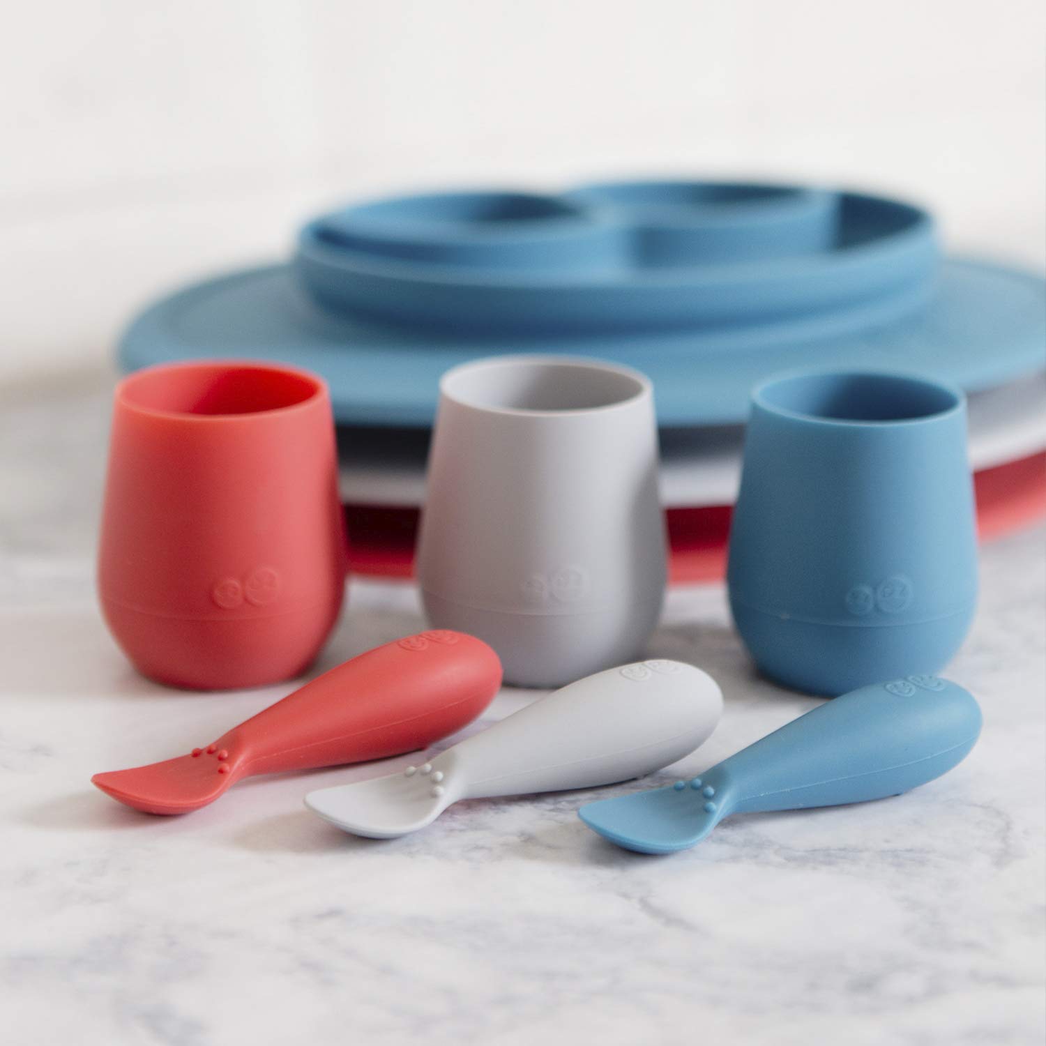 ezpz Tiny Cup 3-Pack (Blue, Coral & Gray) - 100% Silicone Training Cup for Infants - Designed by a Pediatric Feeding Specialist - 4 months+ - Baby-led Weaning Gear & Baby Gift