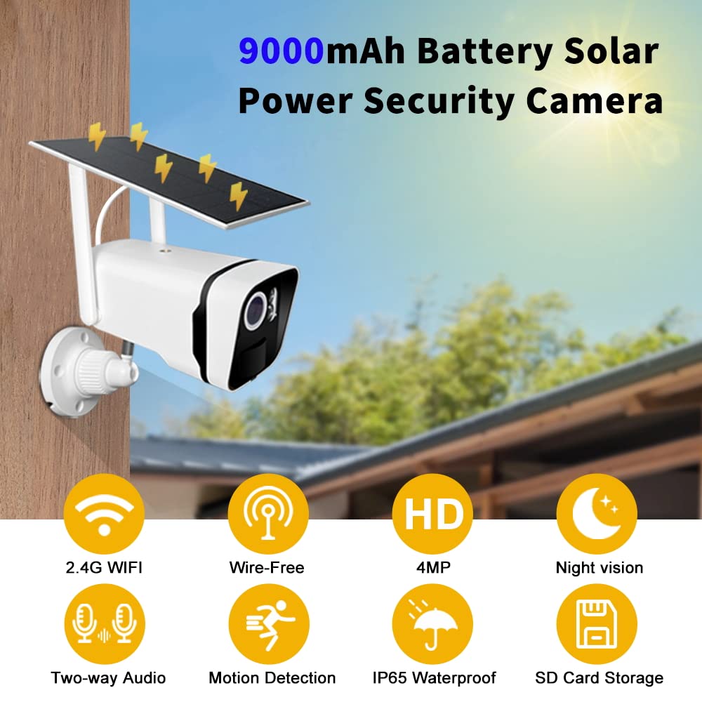 ZHXINSD Solar Security Cameras Wireless Outdoor, 2K 4MP Solar Battery Powered Security Camera WiFi Security IP Camera with PIR Motion Detection, 2-Way Audio, Full Color Night Vision, with Solar Panel