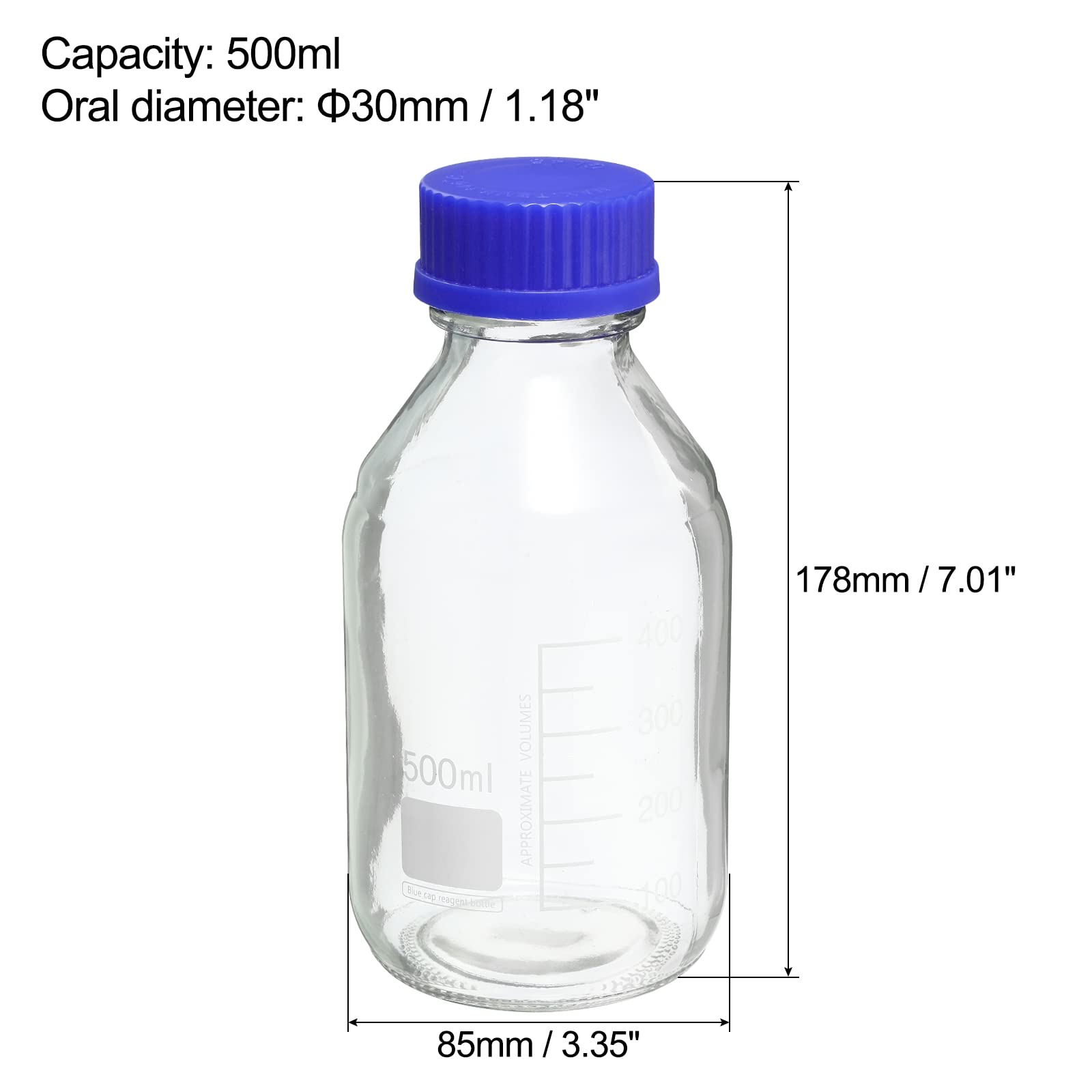 PATIKIL 500mL Reagent Media Bottle, 1Pcs Round Graduated Glass Storage Bottle Blue Screw Cap for Chemistry Lab Universities Home, Clear