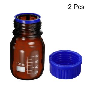 PATIKIL 100mL Reagent Media Bottle, 2Pcs Round Graduated Glass Storage Bottle Blue Screw Cap for Chemistry Lab Universities Home, Amber