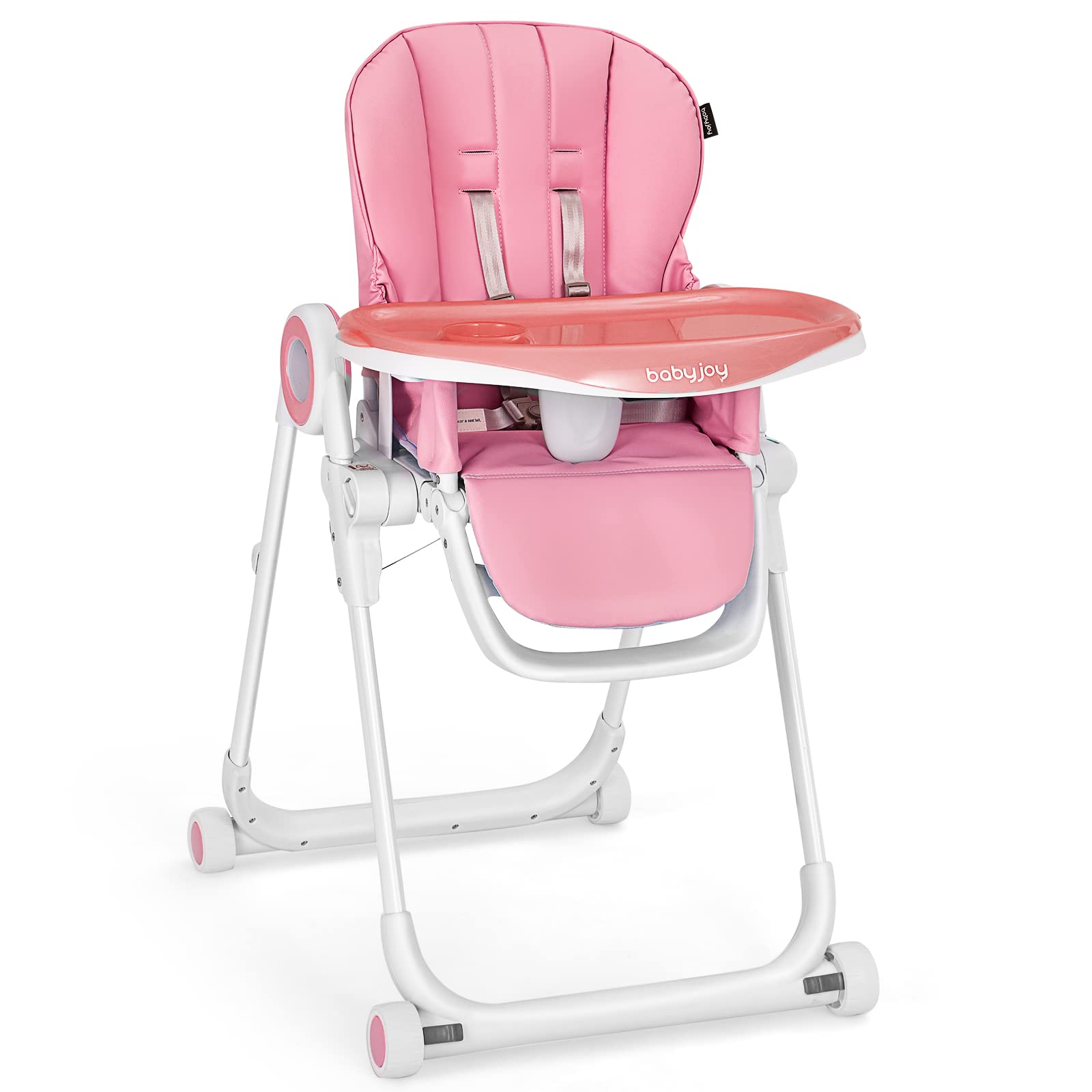 BABY JOY High Chair for Babies & Toddlers, Foldable Highchair with Adjustable Backrest/Footrest/Seat Height, Double Removable Trays, Detachable Seat Cushion, 4 Lockable Wheels (Pink)