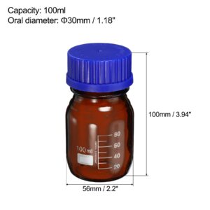 PATIKIL 100mL Reagent Media Bottle, 2Pcs Round Graduated Glass Storage Bottle Blue Screw Cap for Chemistry Lab Universities Home, Amber