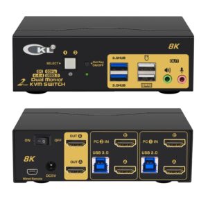 ckl 2 port usb 3.0 kvm switch dual monitor hdmi 2.1 8k 60hz 4k 120hz 144hz, keyboard video mouse peripherals switcher for 2 computers 2 monitors with audio 922hua-4