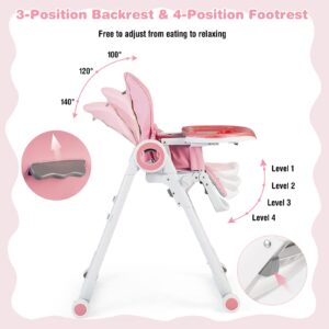 BABY JOY High Chair for Babies & Toddlers, Foldable Highchair with Adjustable Backrest/Footrest/Seat Height, Double Removable Trays, Detachable Seat Cushion, 4 Lockable Wheels (Pink)