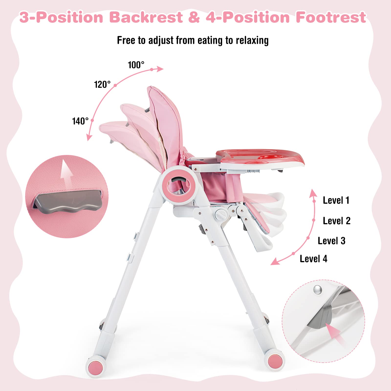 BABY JOY High Chair for Babies & Toddlers, Foldable Highchair with Adjustable Backrest/Footrest/Seat Height, Double Removable Trays, Detachable Seat Cushion, 4 Lockable Wheels (Pink)