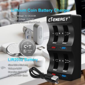 CT-ENERGY Lithium Coin Button Battery Charger with Rechargeable 2032 Batteries 4 Pack 3.6V Lir2032 Replace CR2032 Battery Tag