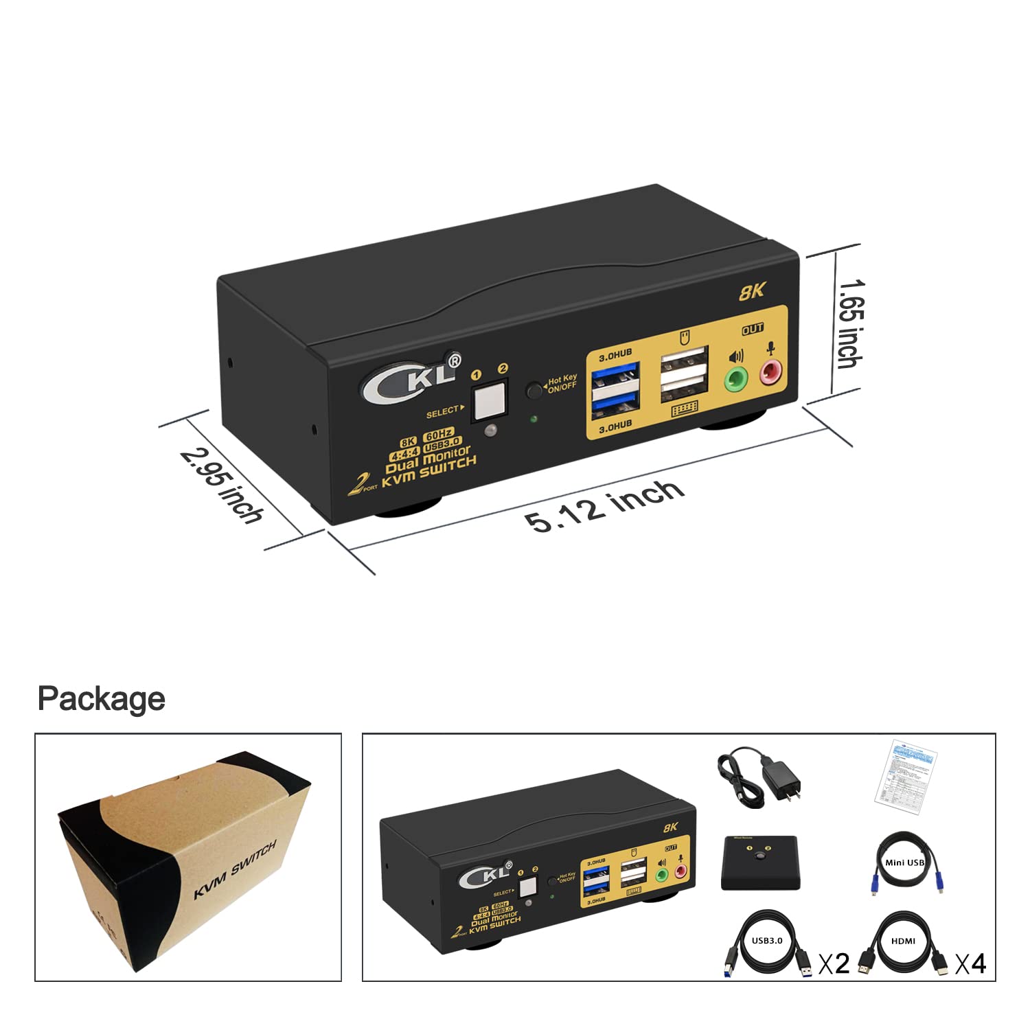 CKL 2 Port USB 3.0 KVM Switch Dual Monitor HDMI 2.1 8K 60Hz 4K 120Hz 144Hz, Keyboard Video Mouse Peripherals Switcher for 2 Computers 2 Monitors with Audio 922HUA-4