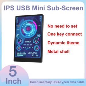 EDIY 5 inch IPS USB Mini Screen AIDA64 PC CPU RAM HDD Data Monitor Computer Temperature Display Type-C 800 x 480 Sub Screen, black 5inch