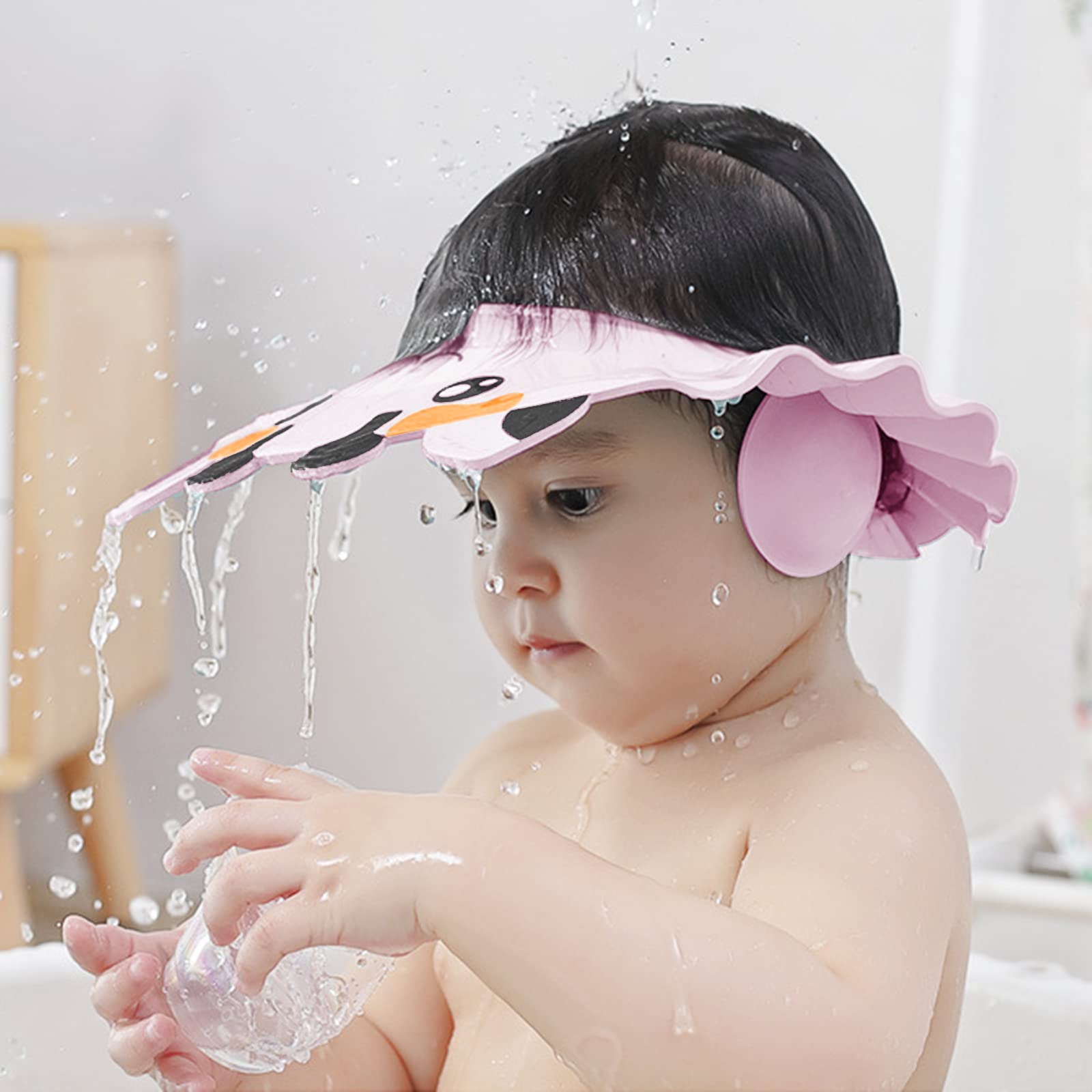 Baby Shower Cap with Earmuffs Foldable Anti-Reflux Cartoon Baby Shower Head Cap Adjustable Bathing Shower Protection Hat Soft Baby Bath Shampoo Cap Wash Shower Visor Hat for Toddler Children