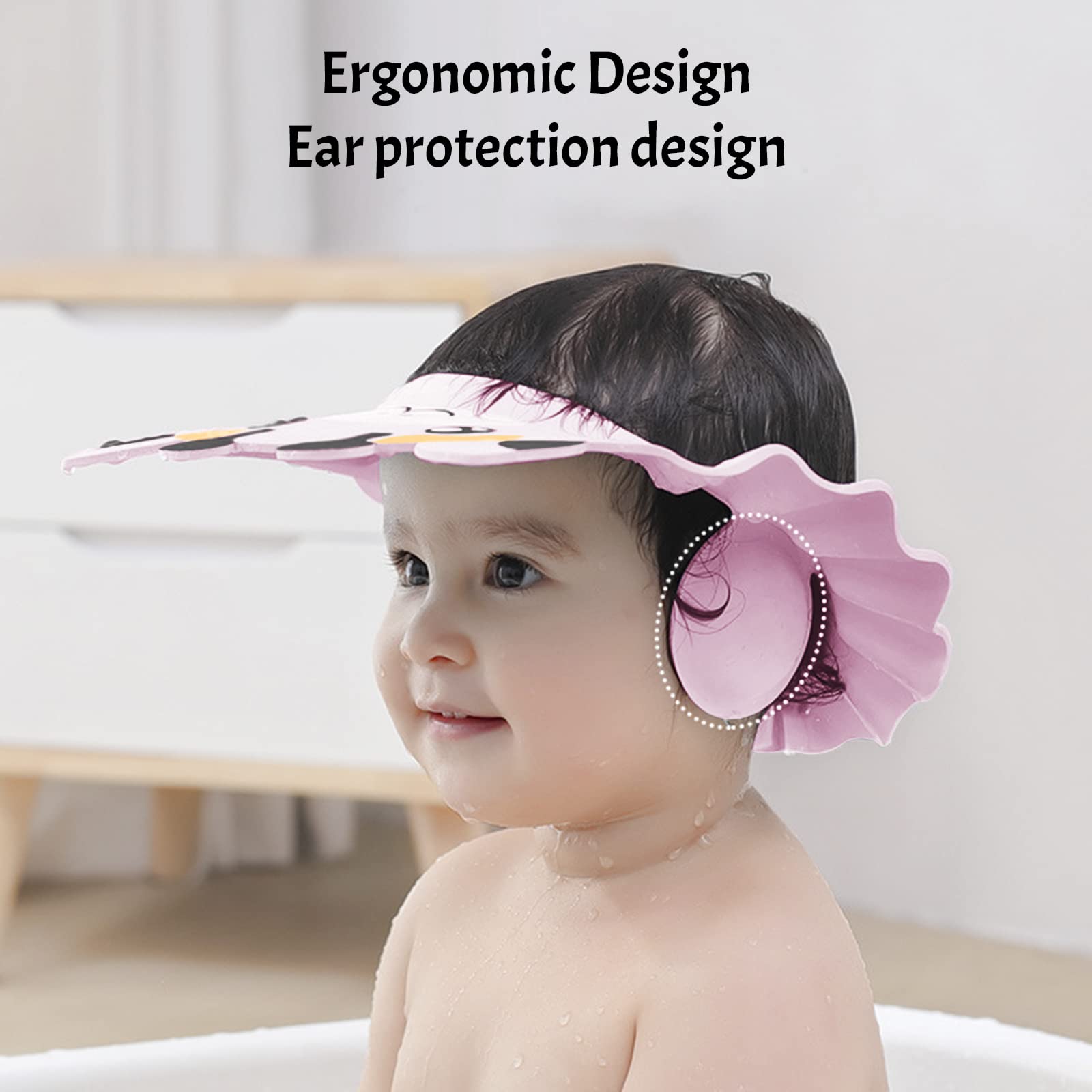 Baby Shower Cap with Earmuffs Foldable Anti-Reflux Cartoon Baby Shower Head Cap Adjustable Bathing Shower Protection Hat Soft Baby Bath Shampoo Cap Wash Shower Visor Hat for Toddler Children