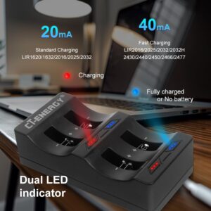 CT-ENERGY Lithium Coin Button Battery Charger with Rechargeable 2032 Batteries 4 Pack 3.6V Lir2032 Replace CR2032 Battery Tag