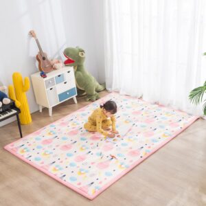 loartee baby foam play mat - 1" thick area rug, soft crawling mat for kids, nursery rug with cartoon pattern, 4'11"x6'7", hot air balloon, pink