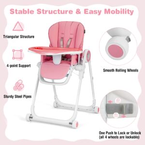 BABY JOY High Chair for Babies & Toddlers, Foldable Highchair with Adjustable Backrest/Footrest/Seat Height, Double Removable Trays, Detachable Seat Cushion, 4 Lockable Wheels (Pink)