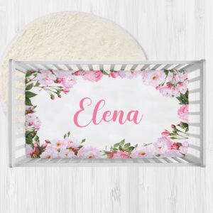 personalized rose pink baby crib sheets with name, custom floral fitted crib bedding sheets for baby girls, mini crib sheet, crib mattress sheets, name crib sheets, pack and play sheets