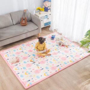 Loartee Baby Foam Play Mat - 1" Thick Area Rug, Soft Crawling Mat for Kids, Nursery Rug with Cartoon Pattern, 4'11"x6'7", Hot Air Balloon, Pink