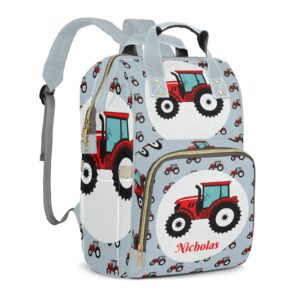 XIUCOO Personalized Red Farm Tractor Diaper Bag Backpack with Name Mommy Nursing Baby Bags Travel Nappy Bag Gift