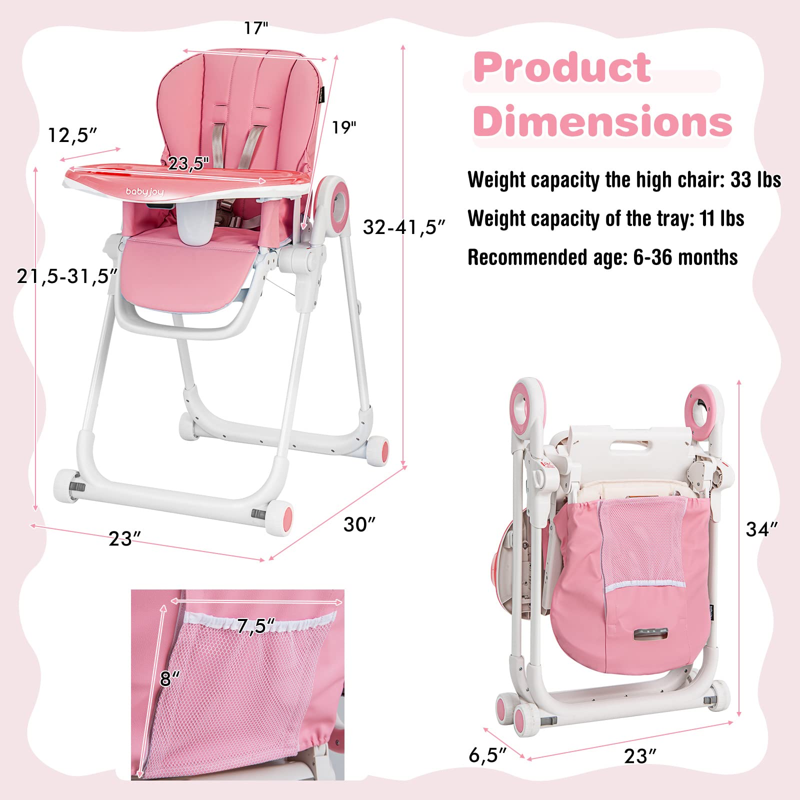 BABY JOY High Chair for Babies & Toddlers, Foldable Highchair with Adjustable Backrest/Footrest/Seat Height, Double Removable Trays, Detachable Seat Cushion, 4 Lockable Wheels (Pink)