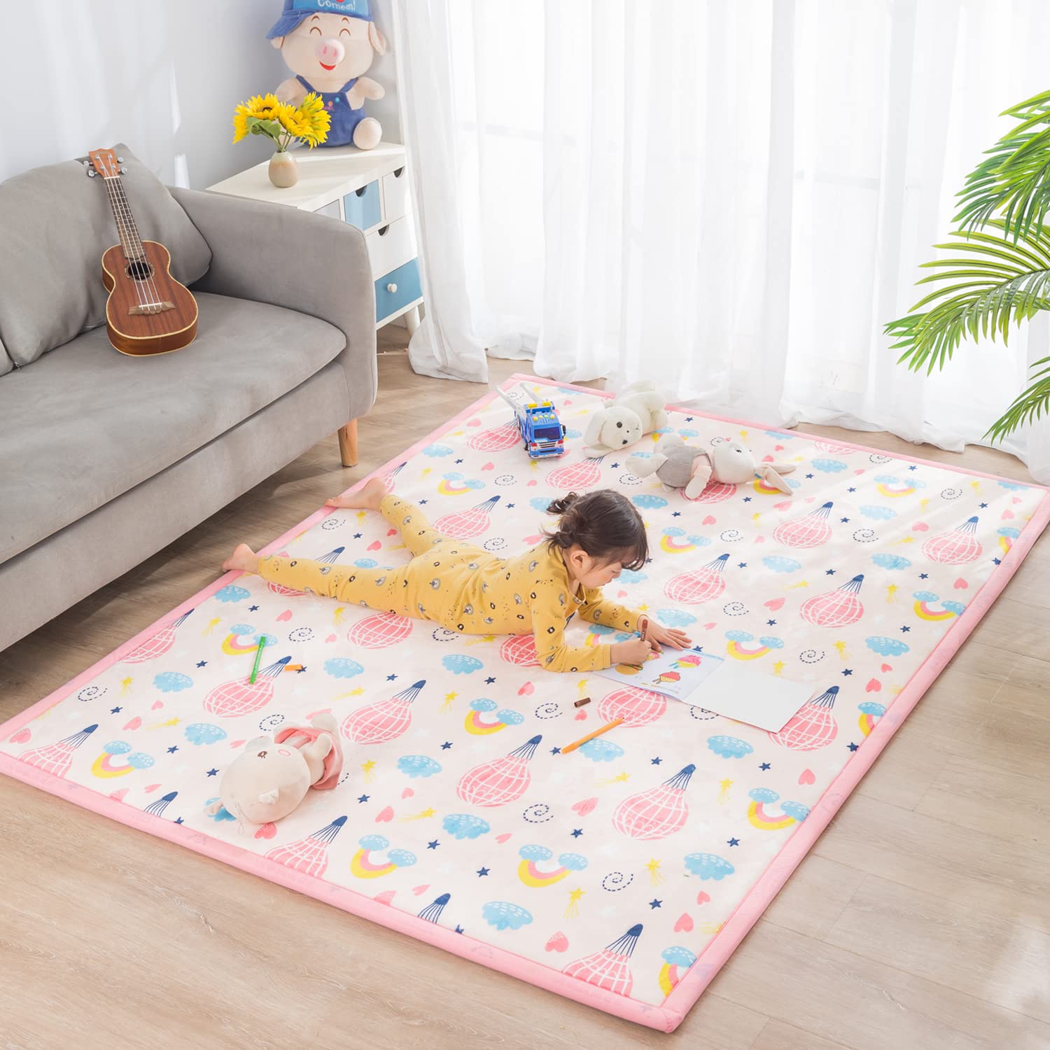 Loartee Baby Foam Play Mat - 1" Thick Area Rug, Soft Crawling Mat for Kids, Nursery Rug with Cartoon Pattern, 4'11"x6'7", Hot Air Balloon, Pink