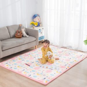 Loartee Baby Foam Play Mat - 1" Thick Area Rug, Soft Crawling Mat for Kids, Nursery Rug with Cartoon Pattern, 4'11"x6'7", Hot Air Balloon, Pink