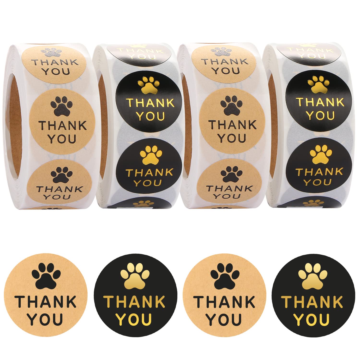 BENBO 2000 PCS Dog Paw Print Thank You Stickers, 1 Inch Kraft Pet Paw Stickers Gold Foil Puppy Paw Envelope Seals Labels Stickers for Small Business, Pet Events, Kennels, Greeting Cards, 4 Rolls