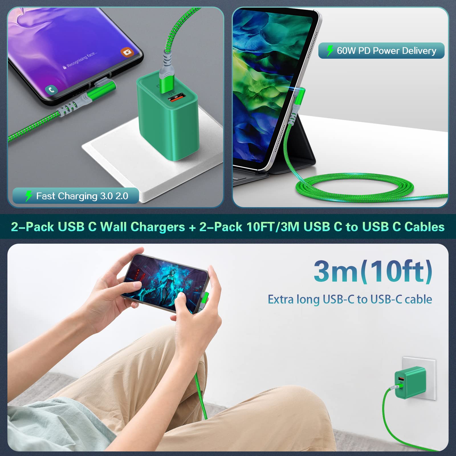 Fast Charging Wall Charger with USB C Cable 10FT, 2-Pack 20W USB C Power Adapter Dual Port Fast Charger Block+ Right-Angle 3A C to C Cable Fit for iPhone 15 Samsung Galaxy S22 Ultra S21 S20 S10 Pixel