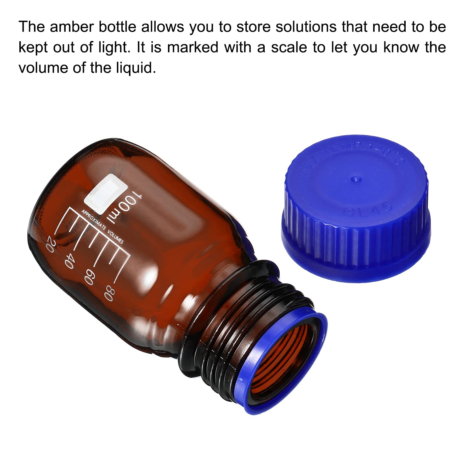 PATIKIL 100mL Reagent Media Bottle, 2Pcs Round Graduated Glass Storage Bottle Blue Screw Cap for Chemistry Lab Universities Home, Amber