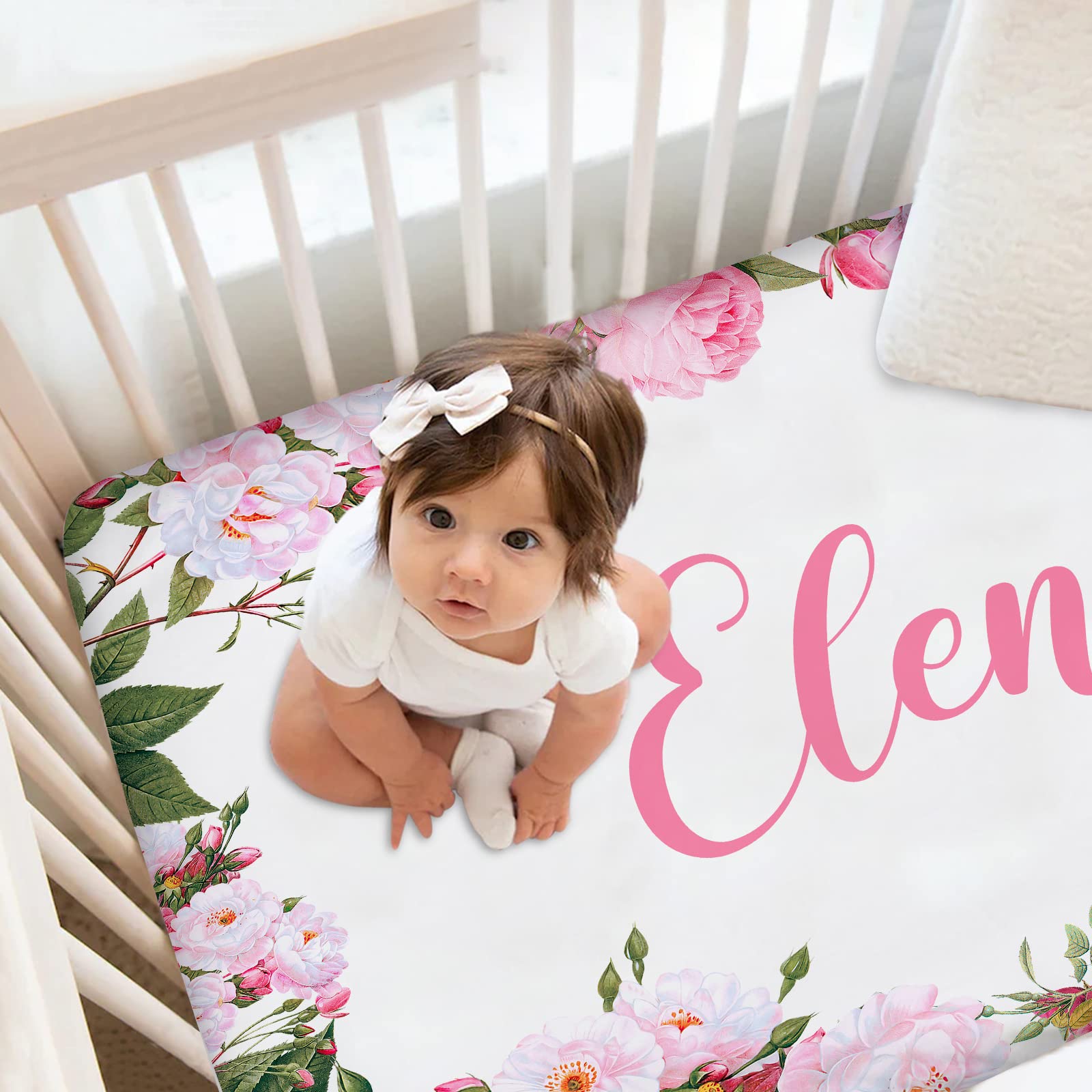 Personalized Rose Pink Baby Crib Sheets with Name, Custom Floral Fitted Crib Bedding Sheets for Baby Girls, Mini Crib Sheet, Crib Mattress Sheets, Name Crib Sheets, Pack and Play Sheets