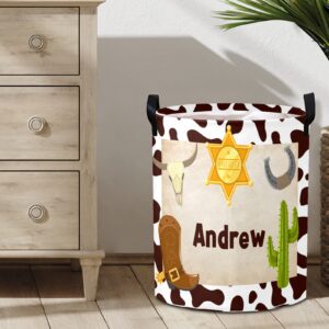 Personalized Laundry Basket Hamper,Cowboy Western Cow,Collapsible Storage Baskets with Handles for Kids Room,Clothes, Nursery Decor