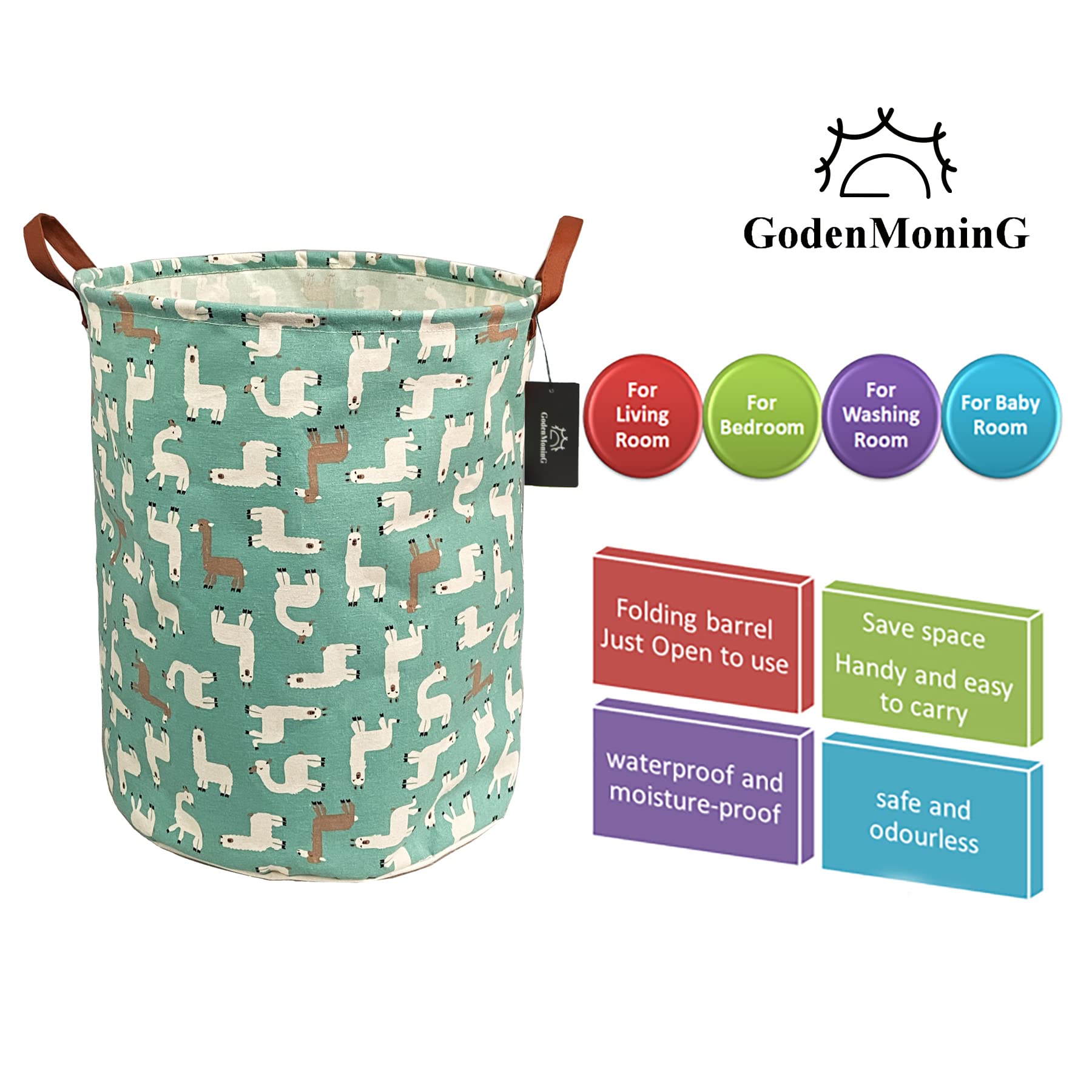 Collapsible Laundry Basket - GodenMoninG 62.8L Large Sized Round Waterproof Storage Bin with Handles,Home Decor,Toy Organizer,Children Nursery Hamper. (Teal Alpaca)