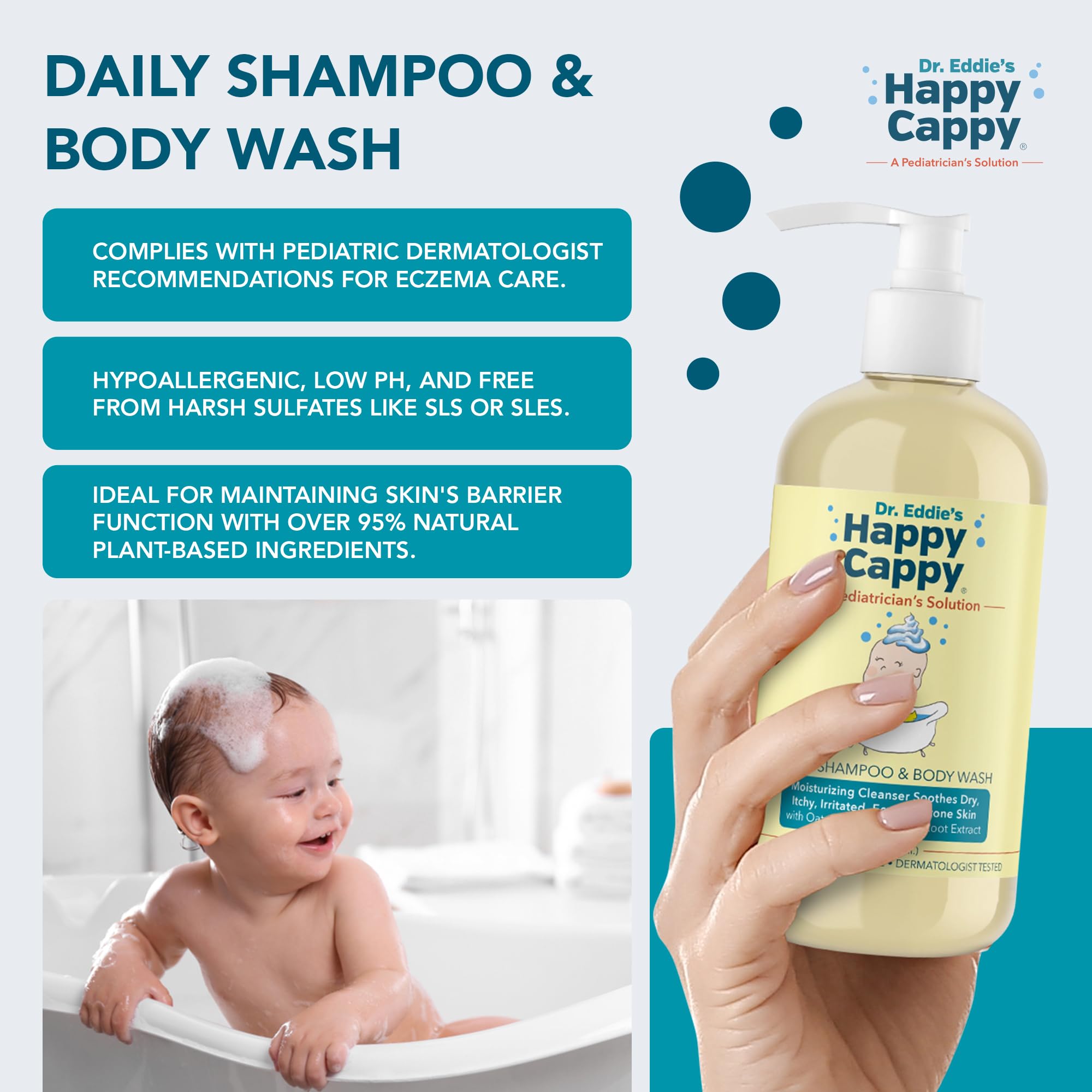 Happy Cappy Three Step Skincare Solution Bundle- Baby Dandruff Shampoo, Eczema Body Wash and Lotion for Kids, Toddler, Adults, Moisturizing Cream, Reduces Itching, Dermatologist Tested, Fragrance-Free