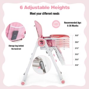 BABY JOY High Chair for Babies & Toddlers, Foldable Highchair with Adjustable Backrest/Footrest/Seat Height, Double Removable Trays, Detachable Seat Cushion, 4 Lockable Wheels (Pink)