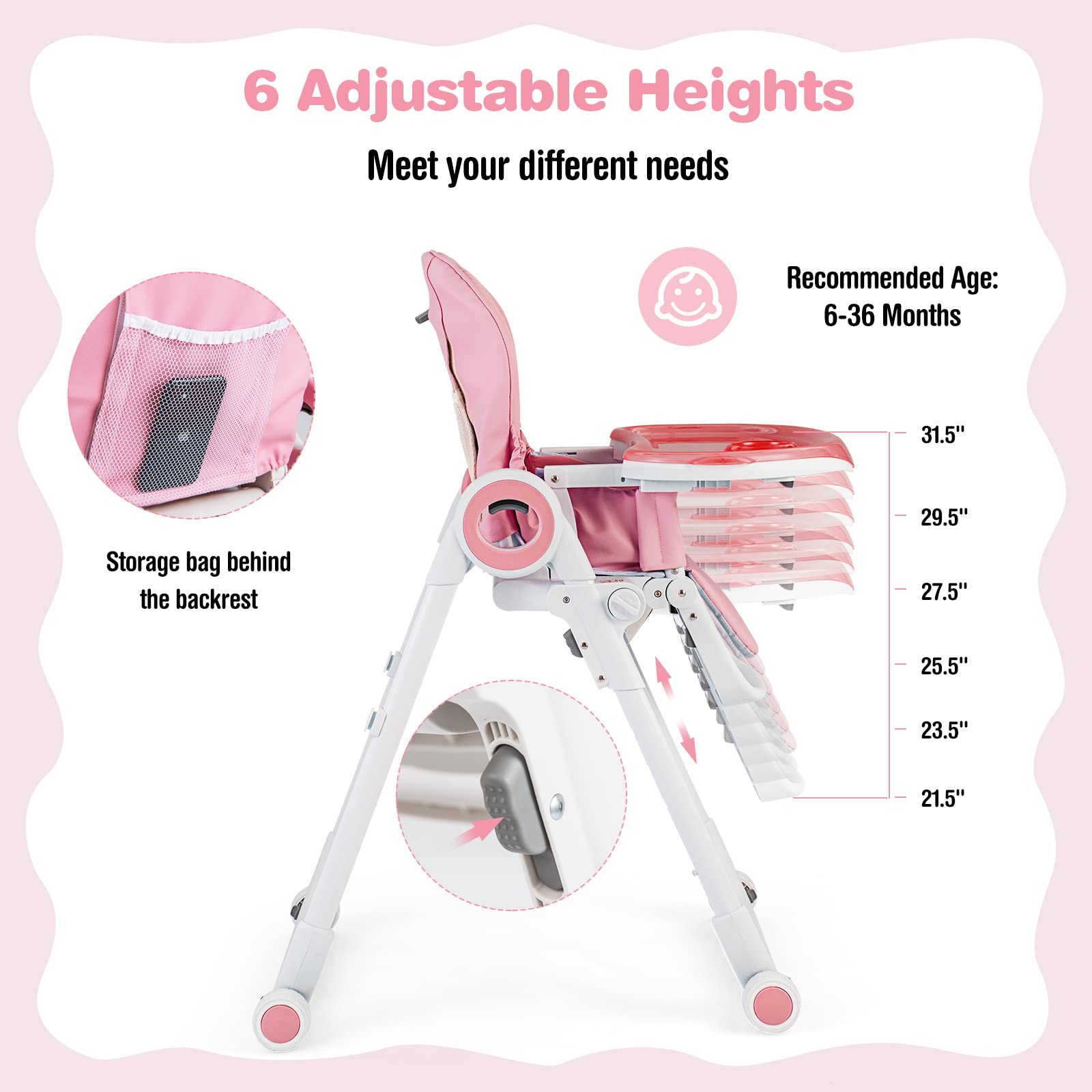 BABY JOY High Chair for Babies & Toddlers, Foldable Highchair with Adjustable Backrest/Footrest/Seat Height, Double Removable Trays, Detachable Seat Cushion, 4 Lockable Wheels (Pink)