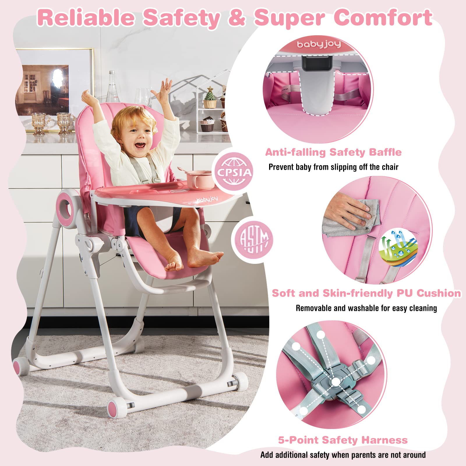 BABY JOY High Chair for Babies & Toddlers, Foldable Highchair with Adjustable Backrest/Footrest/Seat Height, Double Removable Trays, Detachable Seat Cushion, 4 Lockable Wheels (Pink)